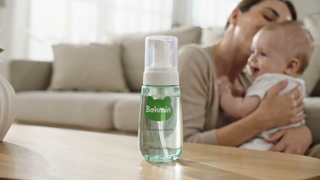 A mother holding her baby beside a bottle of Bekmin baby wash